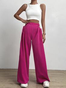 SHEIN Essnce Elastic Waist Knot Side Wide Leg Trousers - Hot Pink - View 4