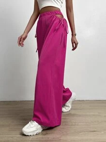 SHEIN Essnce Elastic Waist Knot Side Wide Leg Trousers - Hot Pink - View 6