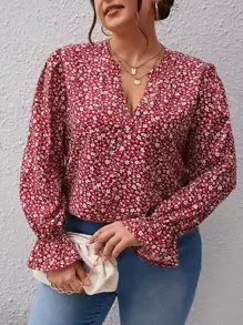 SHEIN Frenchy Plus Ditsy Floral Print Flounce Sleeve Blouse - Red and White - View 1