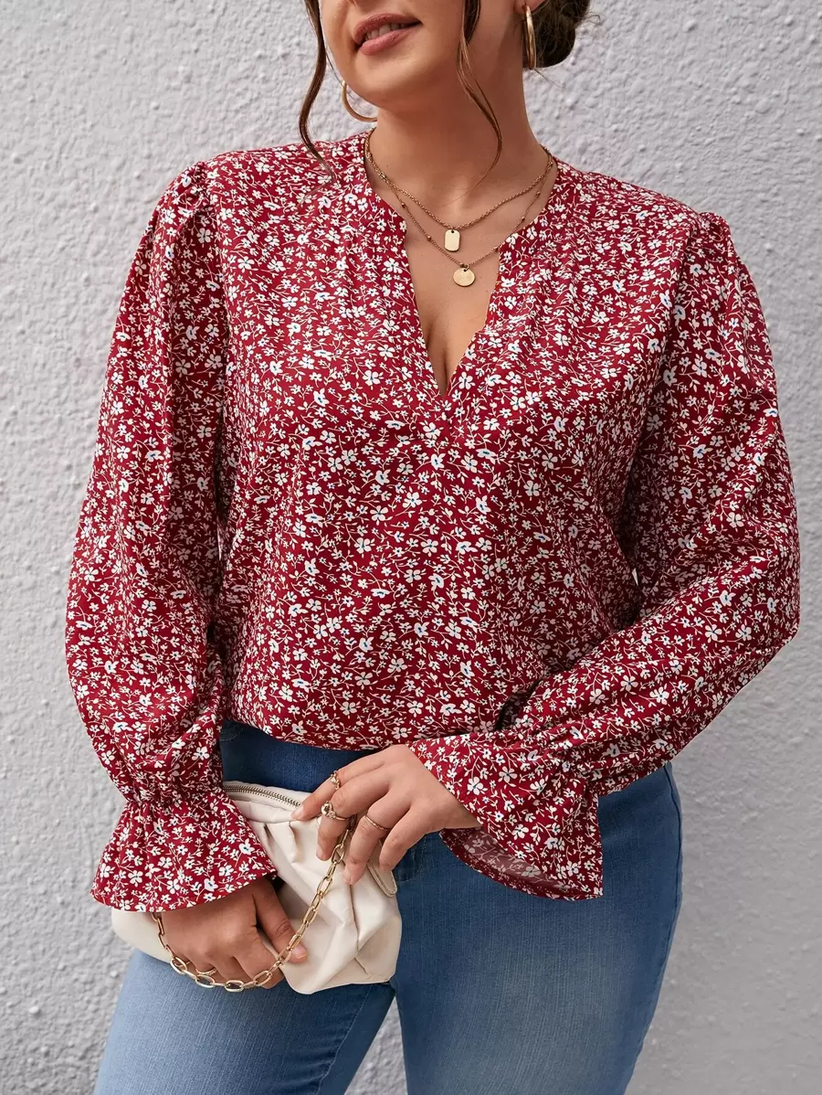SHEIN Frenchy Plus Ditsy Floral Print Flounce Sleeve Blouse - Red and White - View 1