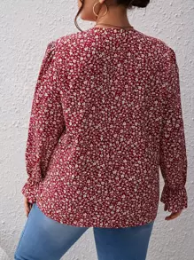 SHEIN Frenchy Plus Ditsy Floral Print Flounce Sleeve Blouse - Red and White - View 2