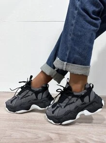 雙色前綁帶老爹鞋 - 黑色 - 查看 1