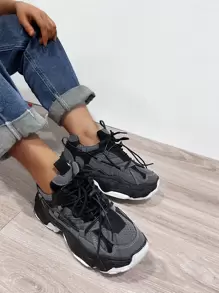 雙色前綁帶老爹鞋 - 黑色 - 查看 3