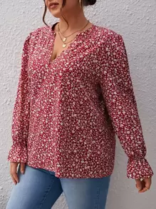 SHEIN Frenchy Plus Ditsy Floral Print Flounce Sleeve Blouse - Red and White - View 3