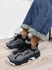 雙色前綁帶老爹鞋 - 黑色 - 查看 4