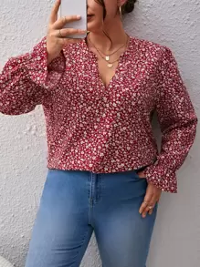SHEIN Frenchy Plus Ditsy Floral Print Flounce Sleeve Blouse - Red and White - View 6