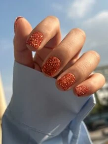 24pcs Short Square Glitter Fake Nail & 1sheet Tape & 1pc Nail File - Rust Brown - View 1