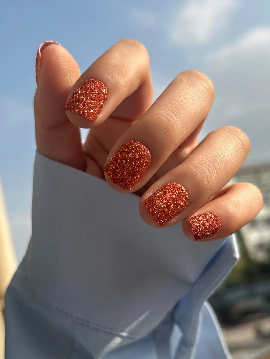 24pcs Short Square Glitter Fake Nail & 1sheet Tape & 1pc Nail File - Rust Brown - View 1