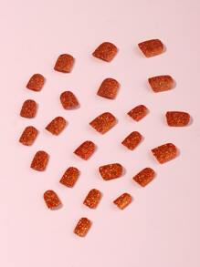 24pcs Short Square Glitter Fake Nail & 1sheet Tape & 1pc Nail File - Rust Brown - View 2