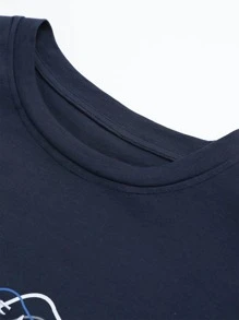 DAZY Slogan Embroidery Heart Print Drop Shoulder Tee - Navy Blue - View 9