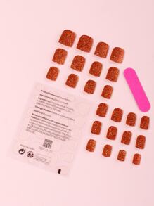 24pcs Short Square Glitter Fake Nail & 1sheet Tape & 1pc Nail File - Rust Brown - View 3