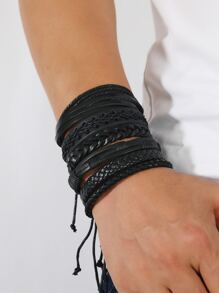 6件套欧美风格多层皮革编织男士手链组合，简约时尚，适合日常佩戴或作为礼物赠送亲朋好友