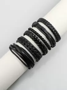 6件套欧美风格多层皮革编织男士手链组合，简约时尚，适合日常佩戴或作为礼物赠送亲朋好友