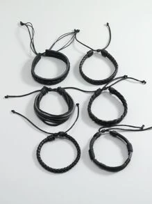 6件套欧美风格多层皮革编织男士手链组合，简约时尚，适合日常佩戴或作为礼物赠送亲朋好友