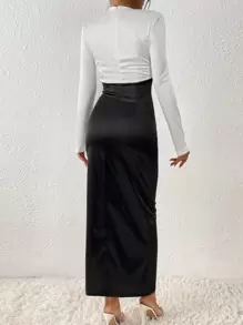 Chiquease Vestido de satén con plisado bicolor y abertura en el bajo para ocasiones festivas, atuendo de mujer maxi - Blanco y Negro - Ver 2