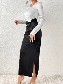 Chiquease Vestido de satén con plisado bicolor y abertura en el bajo para ocasiones festivas, atuendo de mujer maxi - Blanco y Negro - Ver 4