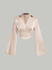 SHEIN MOD Solid Satin Asymmetrical Hem Crop Blouse - Beige - View 2