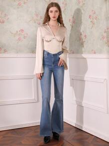 SHEIN MOD Solid Satin Asymmetrical Hem Crop Blouse - Beige - View 4