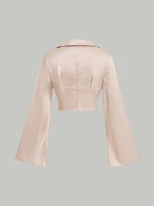 SHEIN MOD Solid Satin Asymmetrical Hem Crop Blouse - Beige - View 7