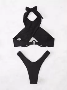 Swim SXY Summer Beach Cross Halter Underwire High Cut-Out Bikini - Black - View 3