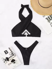 Swim SXY Summer Beach Cross Halter Underwire High Cut-Out Bikini - Black - View 6