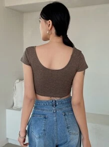 DAZY 素色大圓領短款T恤 - 咖啡棕 - 查看 2