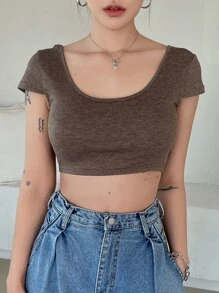 DAZY 素色大圓領短款T恤 - 咖啡棕 - 查看 3