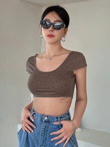 DAZY 素色大圓領短款T恤 - 咖啡棕 - 查看 4