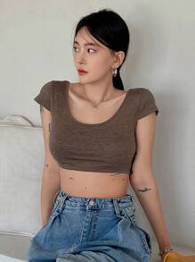 DAZY 素色大圓領短款T恤 - 咖啡棕 - 查看 5