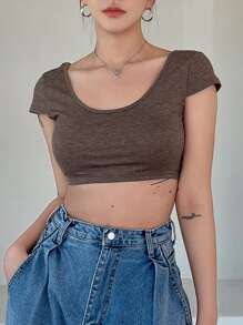 DAZY 素色大圓領短款T恤 - 咖啡棕 - 查看 6