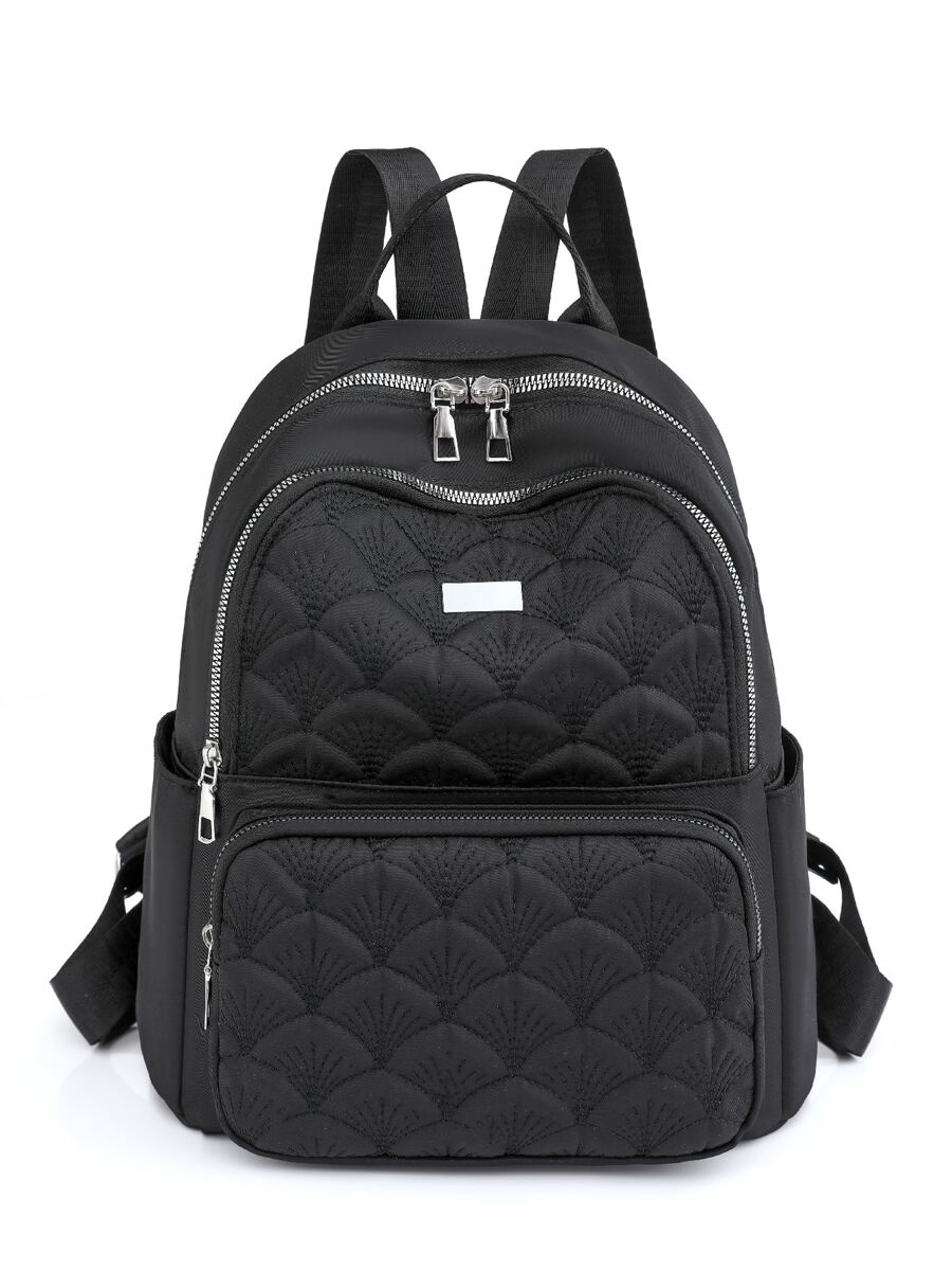 Embroidery Detail Pocket Front Functional Backpack - Black - View 1