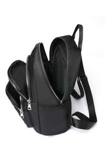Embroidery Detail Pocket Front Functional Backpack - Black - View 3