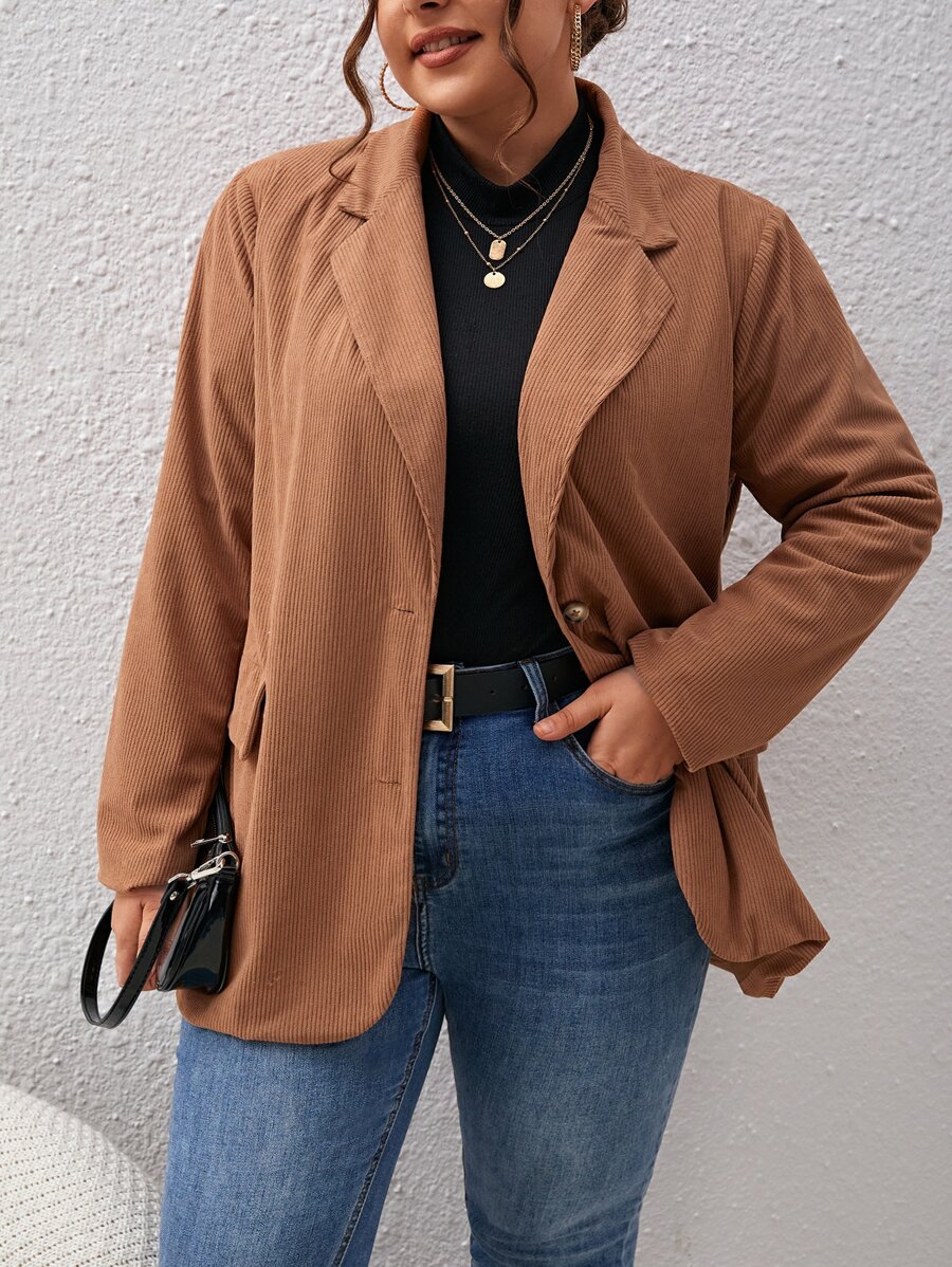 SHEIN Essnce Plus Lapel Neck Flap Detail Blazer - Rust Brown - View 1