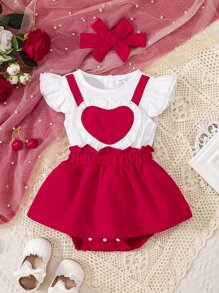 Bebé Vestido body de combinación ribete con fruncido 2 en 1 con banda cabeza - Rojo y blanco - Ver 1