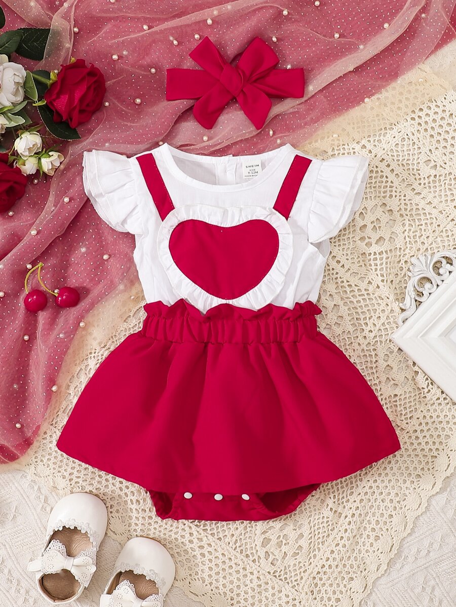 Bebé Vestido body de combinación ribete con fruncido 2 en 1 con banda cabeza - Rojo y blanco - Ver 1