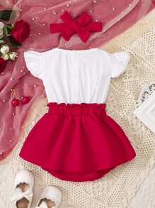 Bebé Vestido body de combinación ribete con fruncido 2 en 1 con banda cabeza - Rojo y blanco - Ver 2