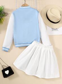 SHEIN Girls Letter Patched Striped Trim Varsity Jacket & Skirt - Blue - View 2