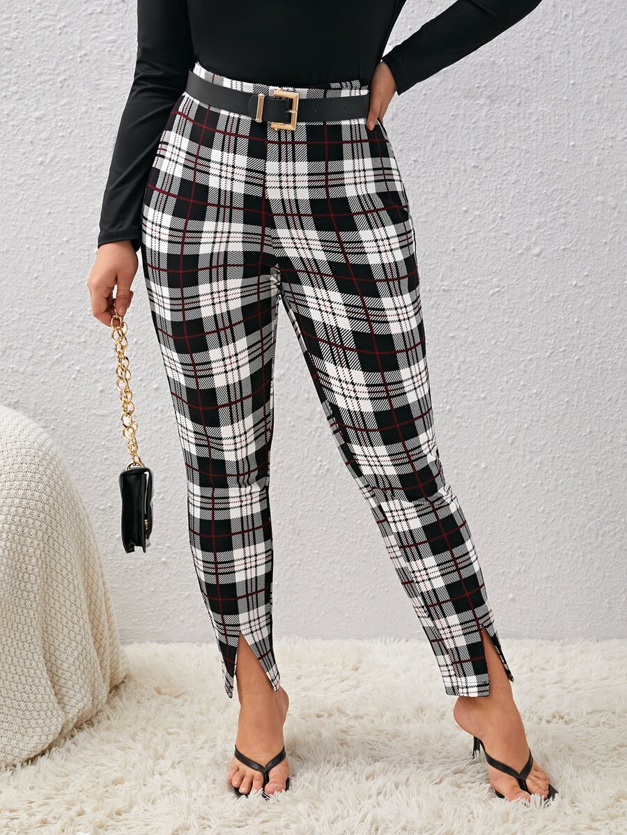 SHEIN Clasi Pantalones con estampado de cuadros bajo con abertura sin cinturón - Multicolor - Ver 1