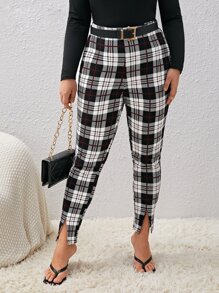 SHEIN Clasi Pantalones con estampado de cuadros bajo con abertura sin cinturón - Multicolor - Ver 4