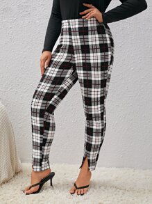 SHEIN Clasi Pantalones con estampado de cuadros bajo con abertura sin cinturón - Multicolor - Ver 6
