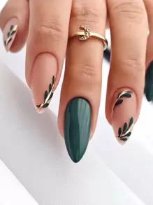 Instantly Upgrade Your Look, With 24Pcs Long Almond Two Tone With Green Solid Leaf Pattern Full Cover False Nail, For Women And Girls Press On Nails Nail Supplies Nails - Multicolor - View 1
