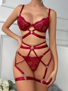 花卉蕾絲鋼圈吊帶襪內衣套裝附腿環 - 酒紅色 - 查看 2