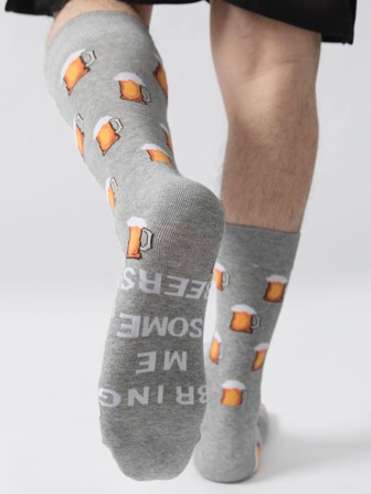 1 par herrstrumpor med tryck av bokstäver och vinglas, mitt på vaden, fukttransporterande, bomull, business och fritid, intressant Happy Socks-present