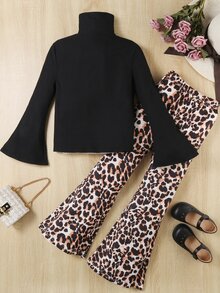 Chicas Camiseta cuello alto de manga con volante & Pantalones acampanados con estampado de leopardo - Multicolor - Ver 2