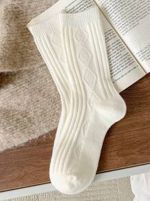 1 Paar Doppelgenähte Wollsocken Für Damen, Japanische Rauten- Und Prinzessinnen-gittermuster, Lässige Halbhohe Allmatch-socken Für Den Täglichen Gebrauch - Weiss - Übersicht 1