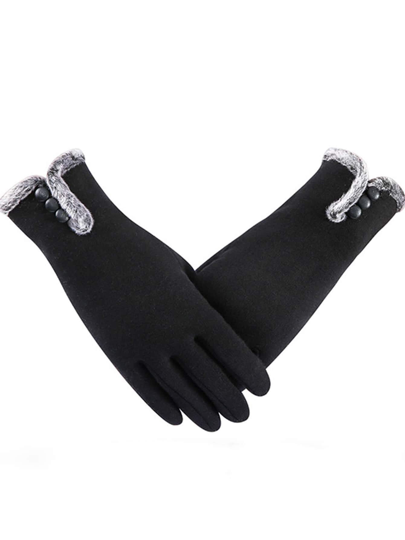 Button Decor Plush Lined Gloves - Black - View 1