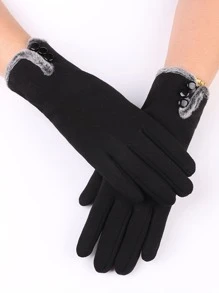 Button Decor Plush Lined Gloves - Black - View 2