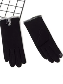 Button Decor Plush Lined Gloves - Black - View 3