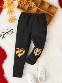 SHEIN Toddler Girls Heart Patched Thermal Lined Leggings - Black - View 1