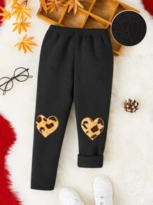SHEIN Toddler Girls Heart Patched Thermal Lined Leggings - Black - View 3